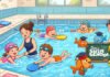 cartoon image of children learning to swim in a swimming pool
