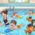 cartoon image of children learning to swim in a swimming pool