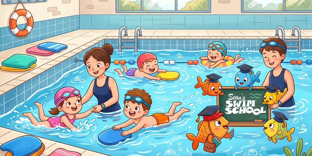 cartoon image of children learning to swim in a swimming pool
